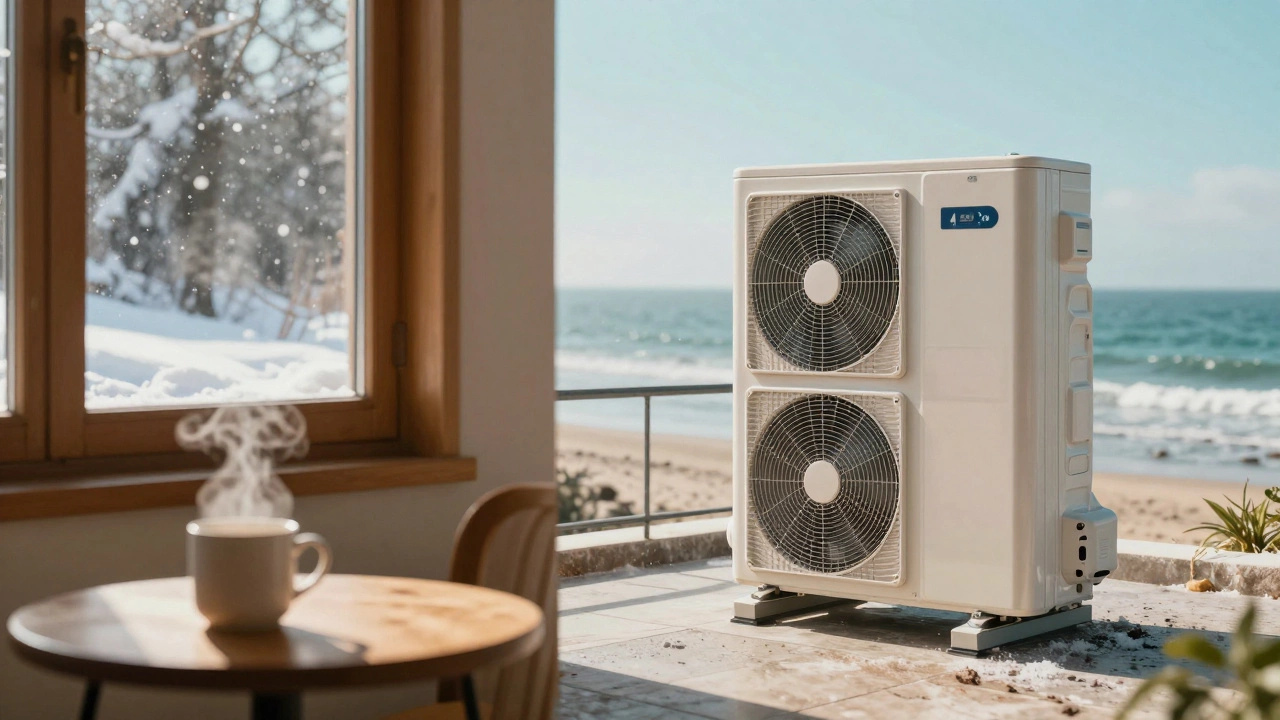 Split image showing cozy indoor heating in snow and durable outdoor unit by the sea.