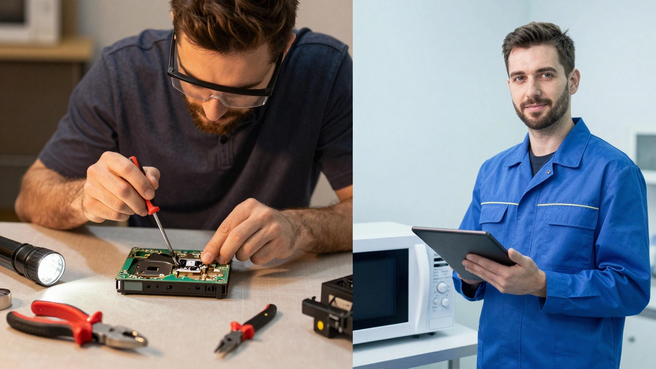 Split view comparing DIY microwave repair with professional technician service