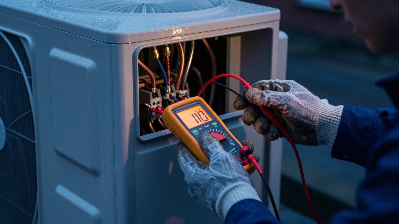Technician checking electrical connections on an outdoor heat pump condenser at dusk.