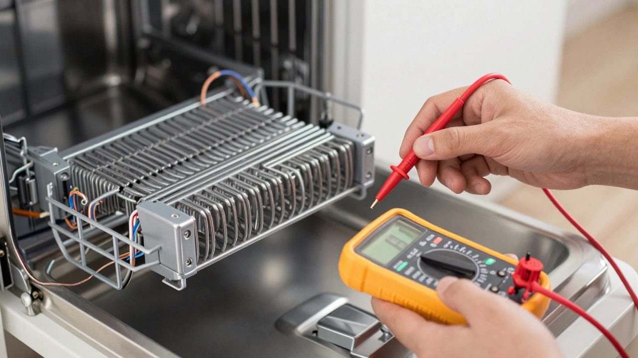 Technician testing dishwasher heating element