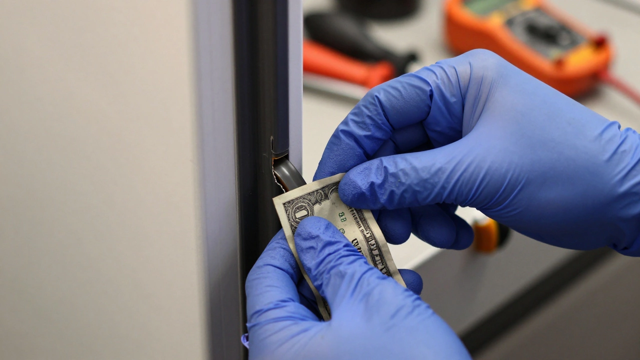 Technician testing freezer door seal with dollar bill