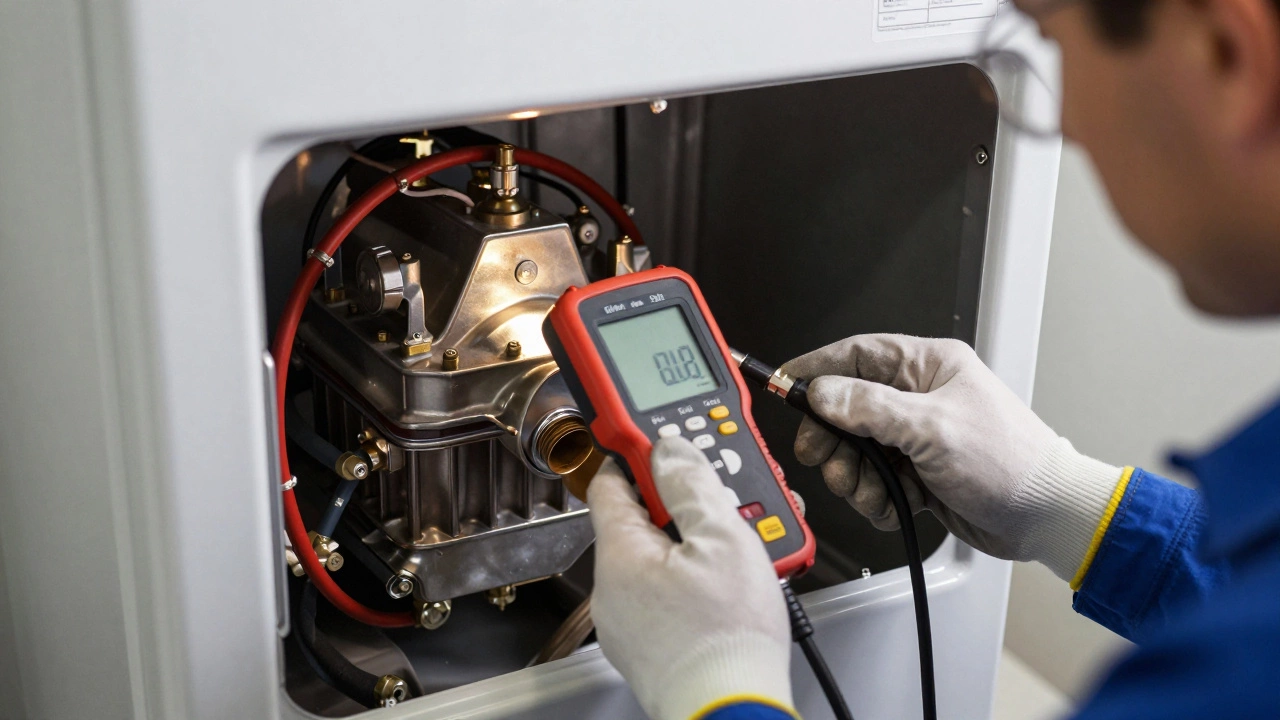 Technician using analyzer to check boiler combustion efficiency