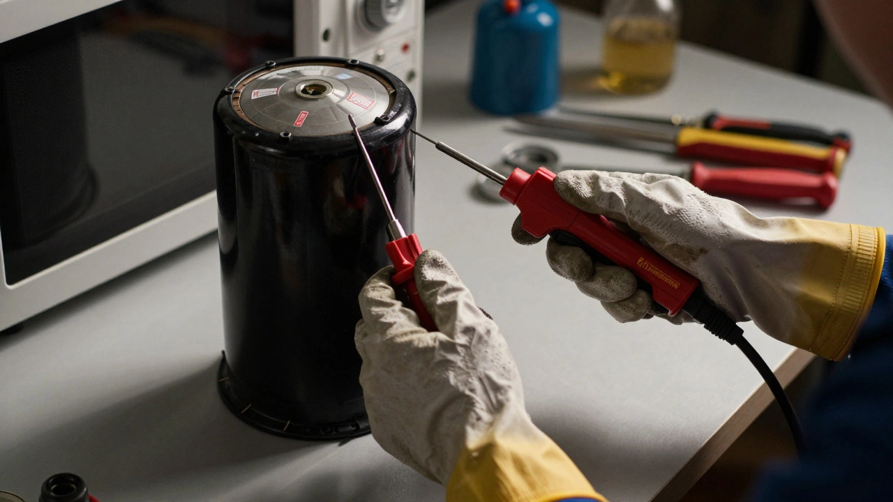 Technician using insulated gloves to handle a high-voltage capacitor.