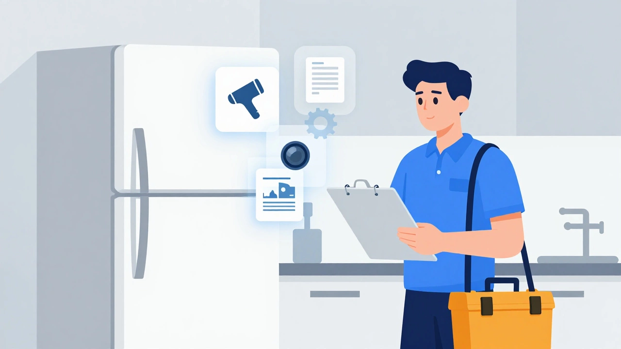 Technician with clipboard and digital icons in a modern kitchen