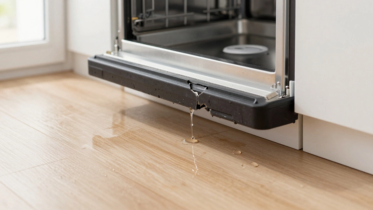 Water leaking from a broken dishwasher door seal onto kitchen floor