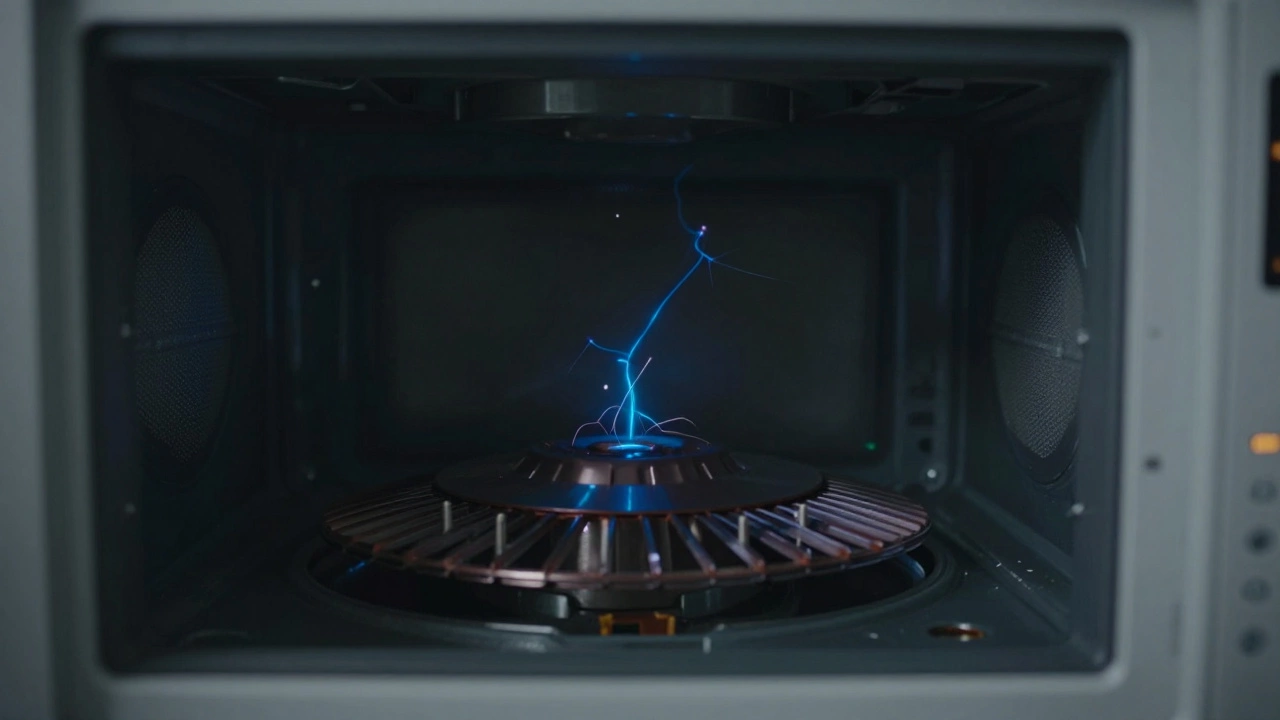 Blue electrical sparks arcing inside microwave cavity