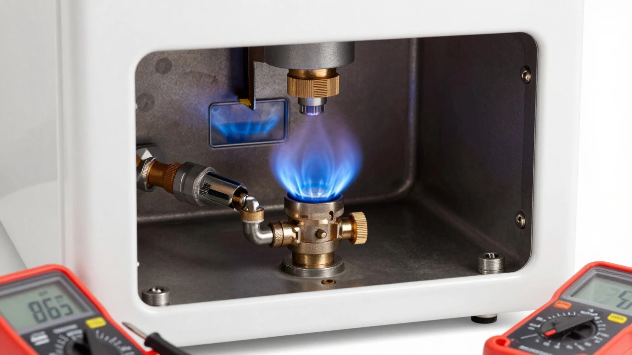 Blue pilot light flame inside gas water heater window