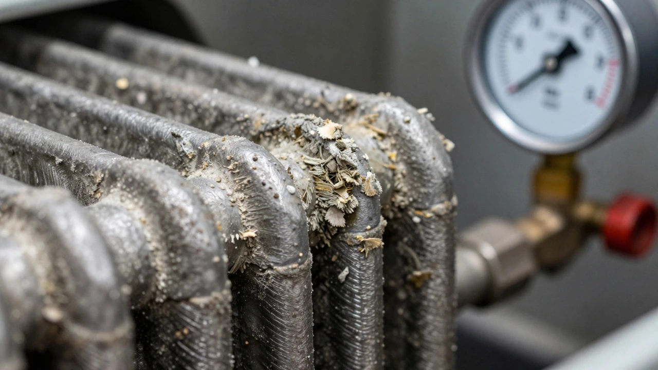 Clogged boiler heat exchanger and high pressure gauge showing neglect