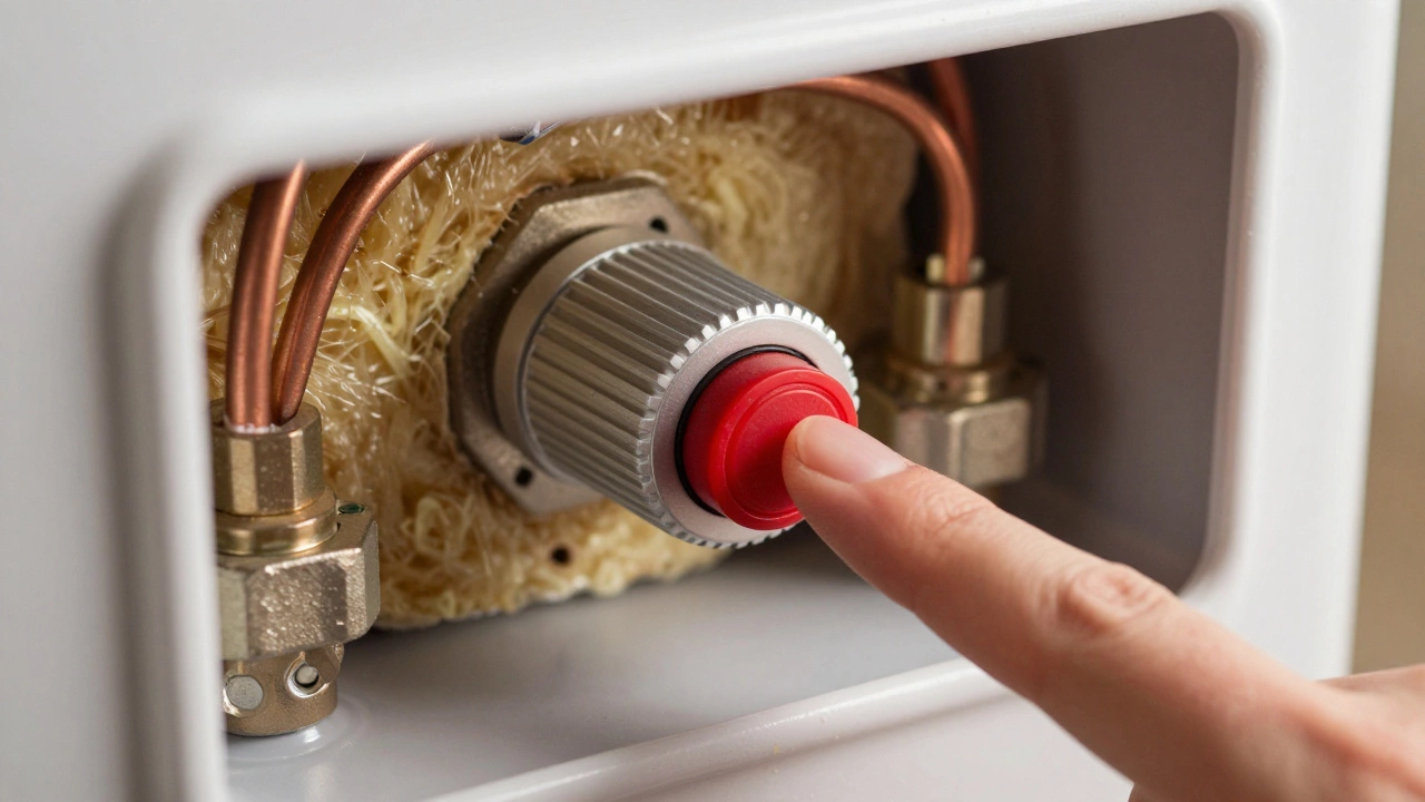Close-up of a finger pressing the red reset button on a water heater
