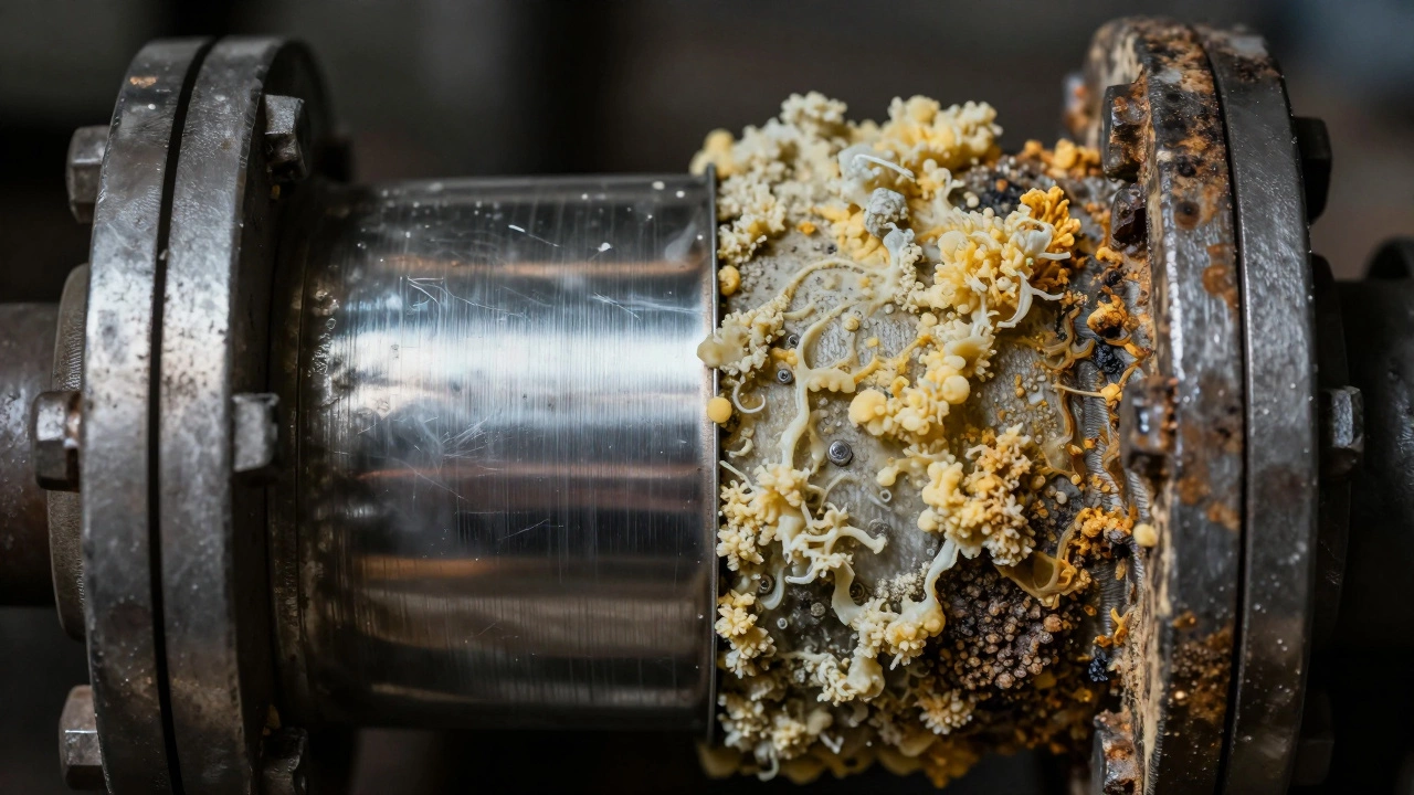 Close up of boiler heat exchanger showing limescale buildup vs clean metal
