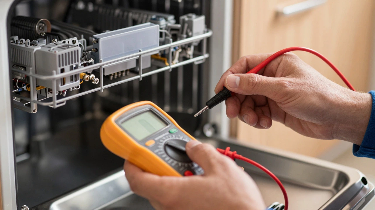 Close-up of technician testing dishwasher electronics
