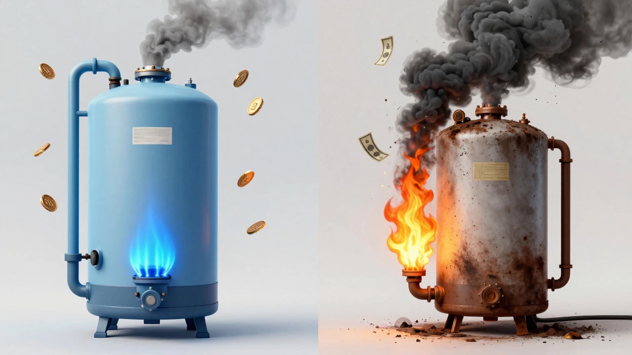 Comparison of clean efficient boiler vs dirty inefficient one wasting money