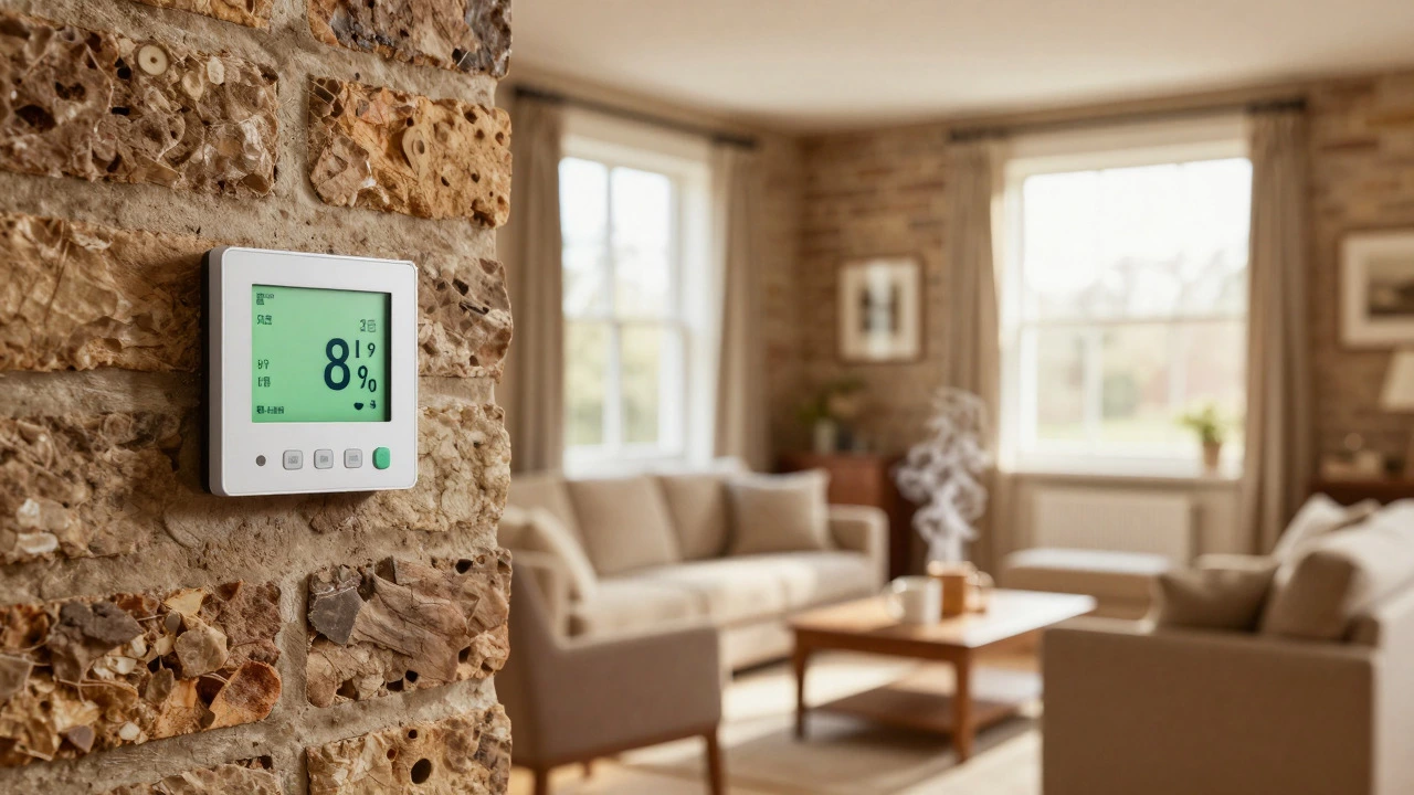 Cozy living room with modern thermostat indicating comfortable heating