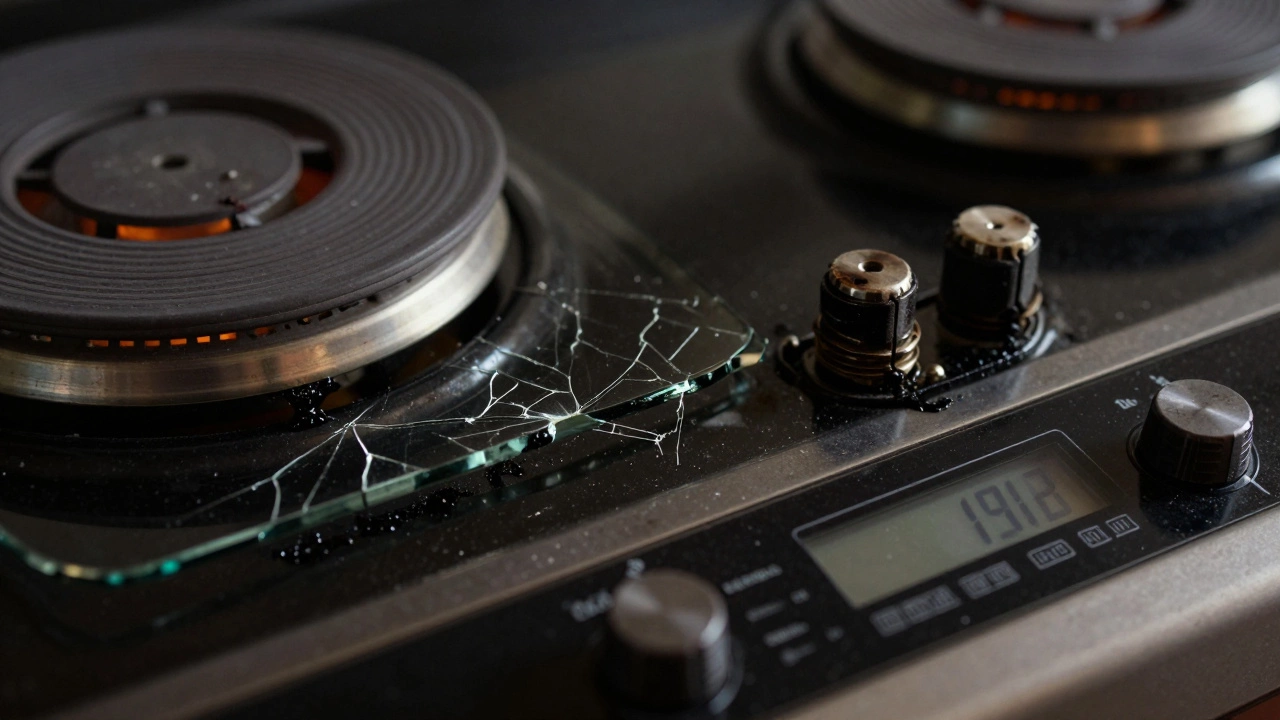 Cracked glass cooktop and greasy heating element contacts