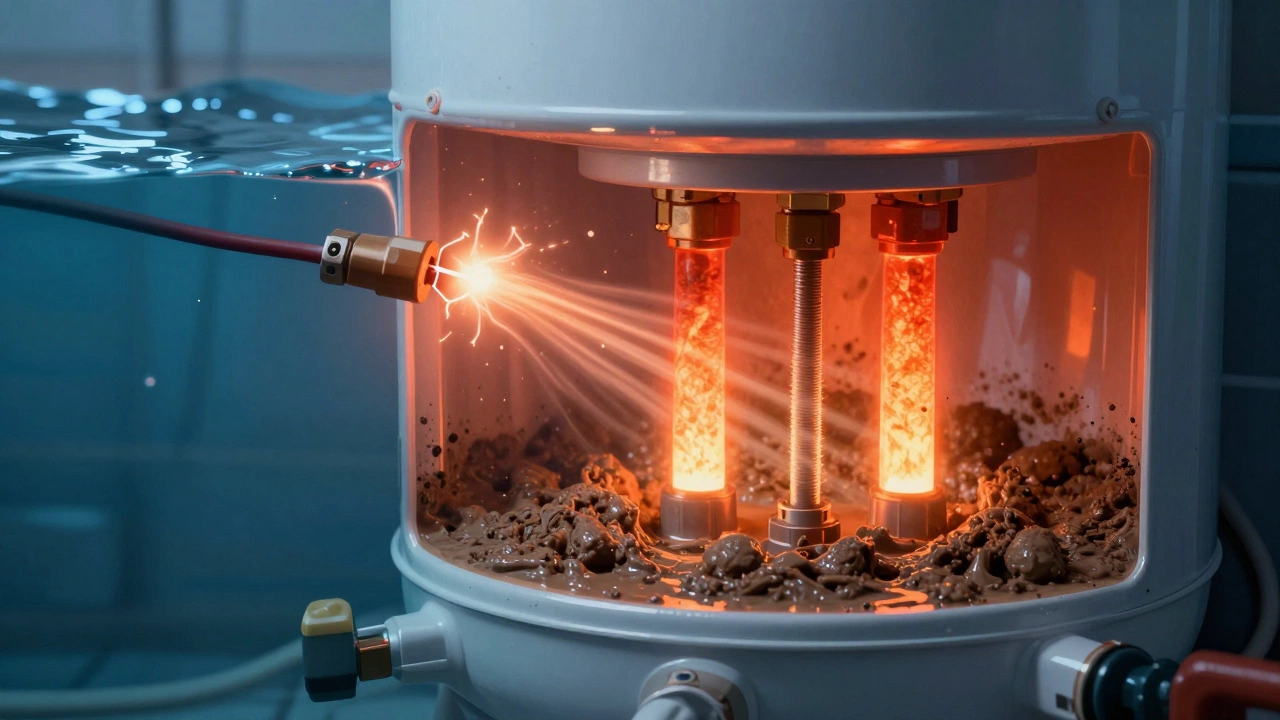 Cross-section of water heater showing sediment causing overheating