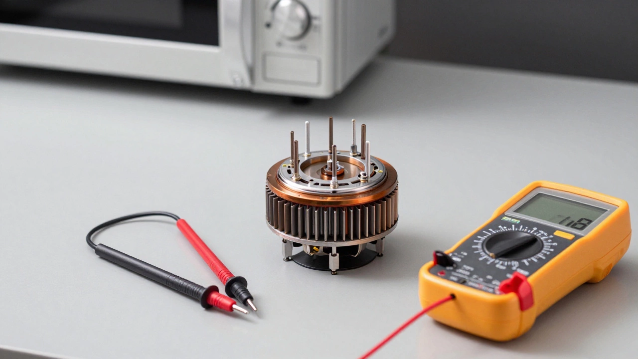 Disassembled magnetron being tested with multimeter