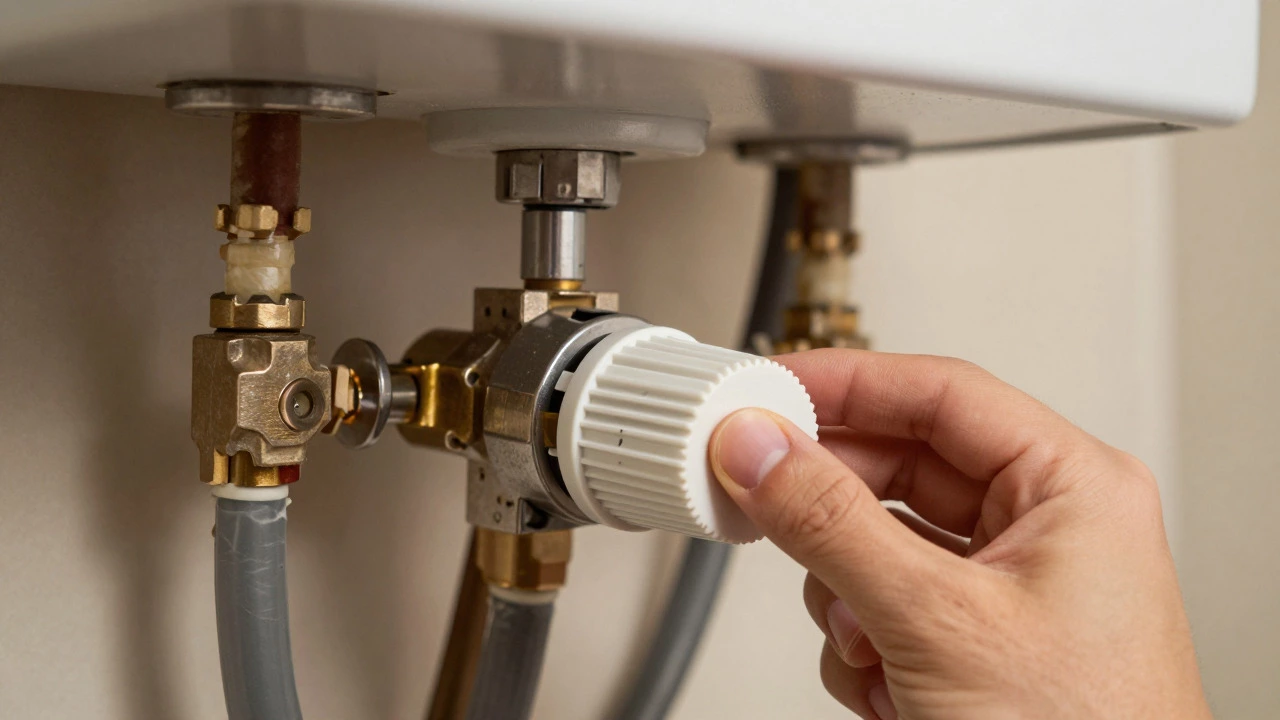 Hand adjusting thermostat dial on electric water heater