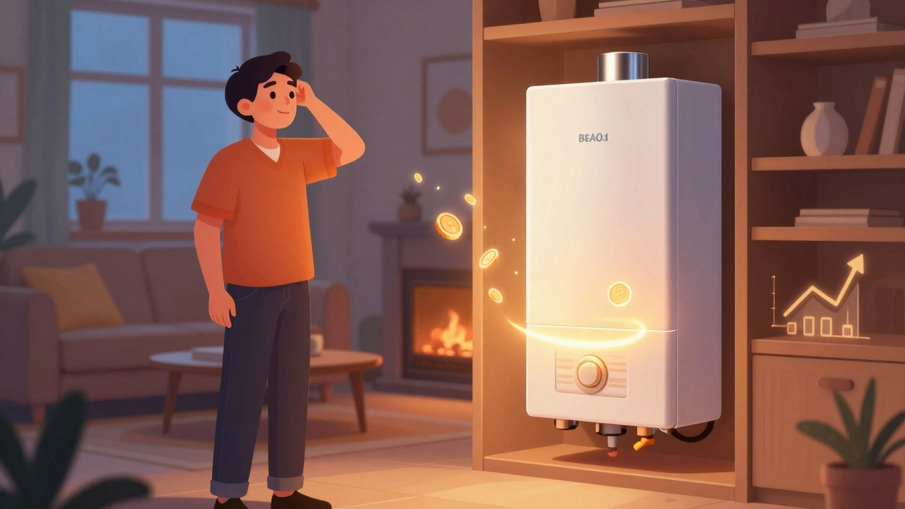 Homeowner enjoying warmth from a new efficient boiler in a cozy room