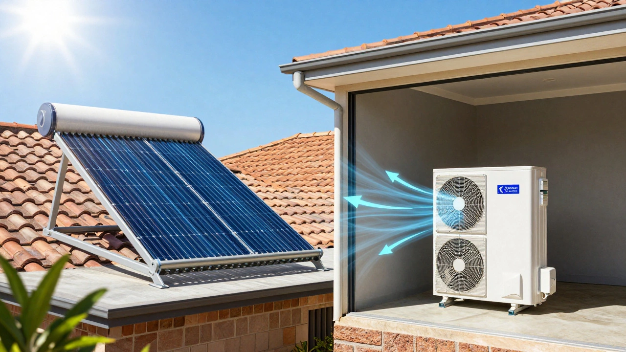 Solar panels and heat pump water heater side by side
