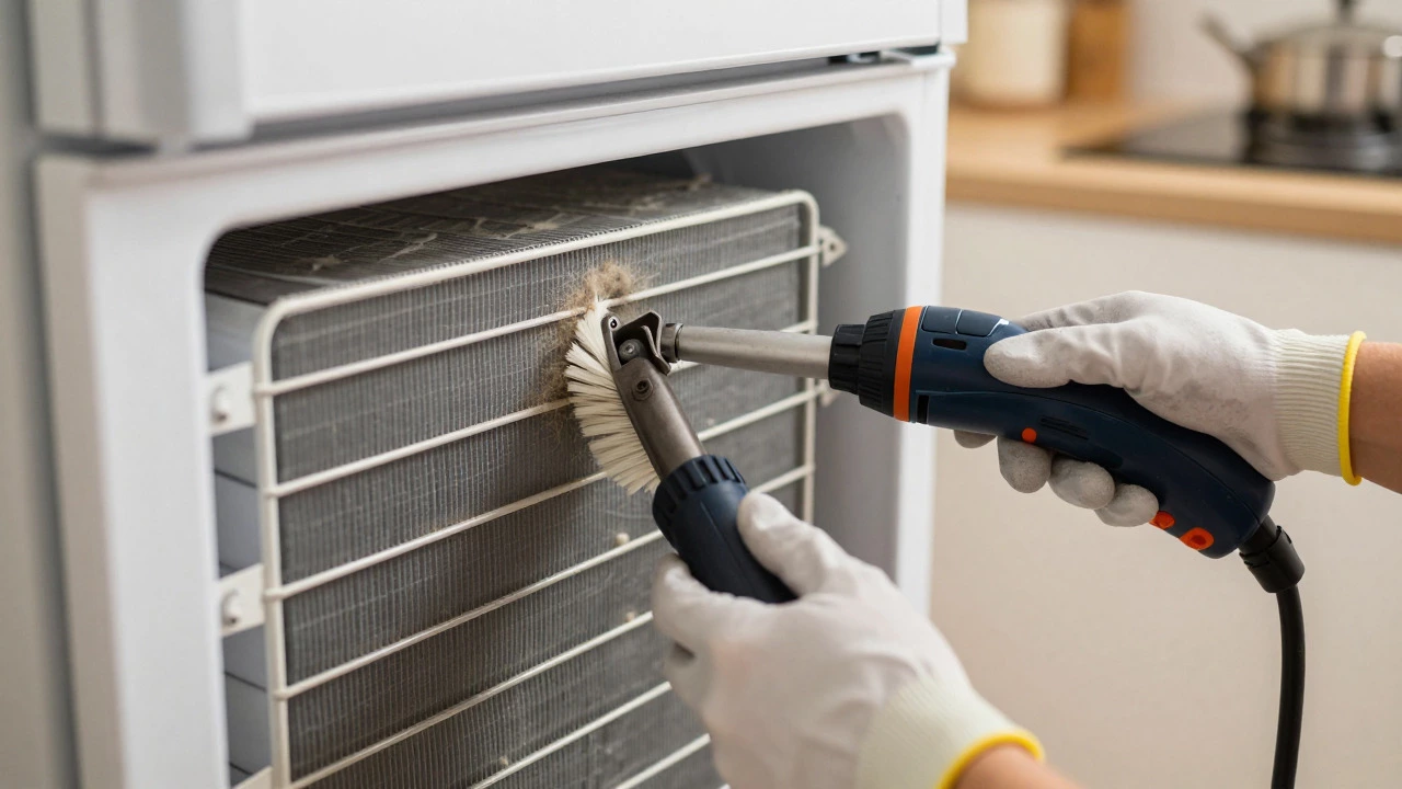 Technician cleaning dust from refrigerator condenser coils