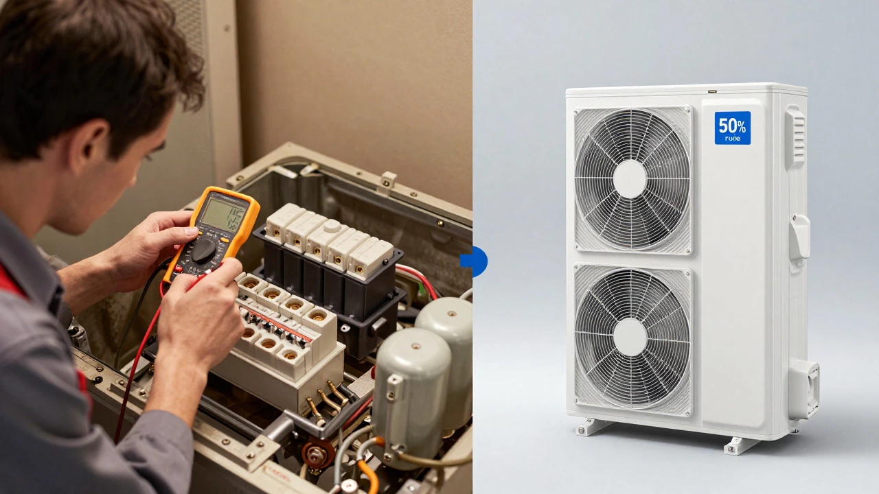 Technician diagnosing HVAC parts next to a new heat pump unit