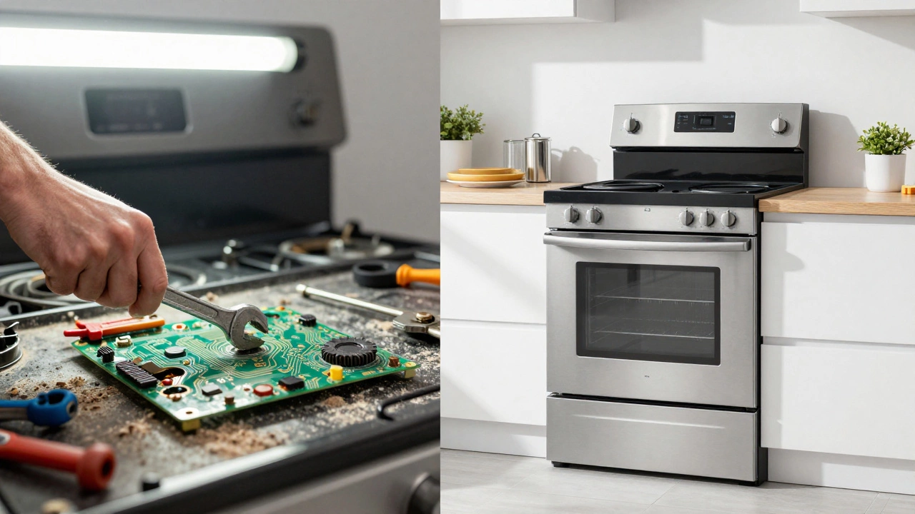 Technician repairing old stove vs new shiny appliance