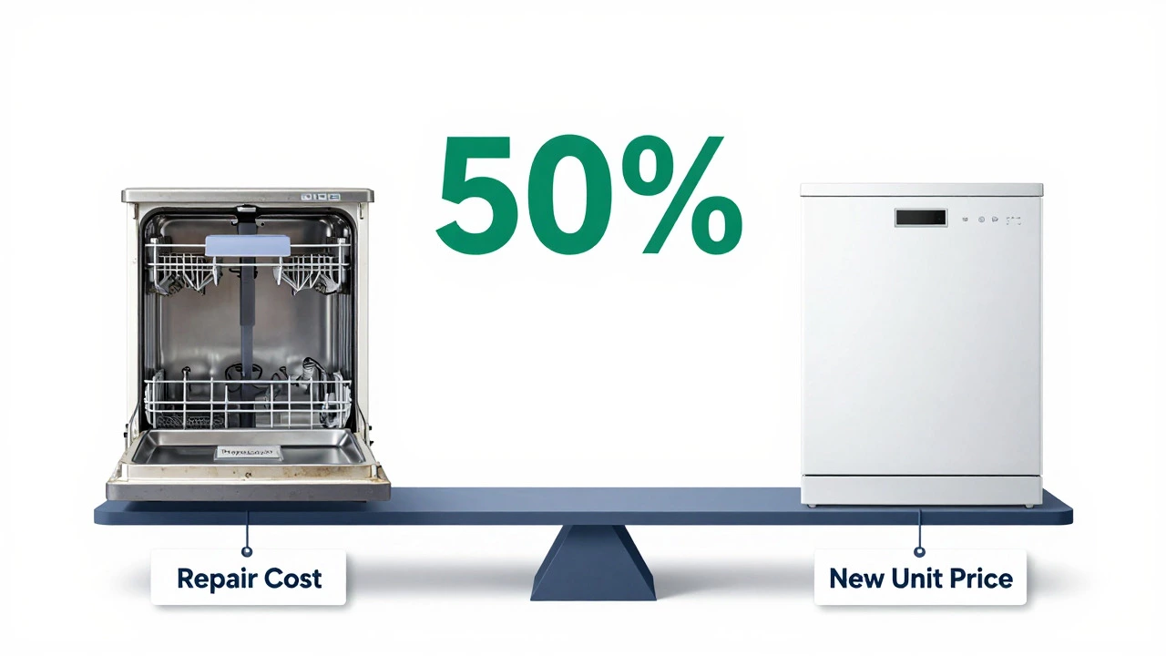 Balance scale comparing repair cost vs new dishwasher price