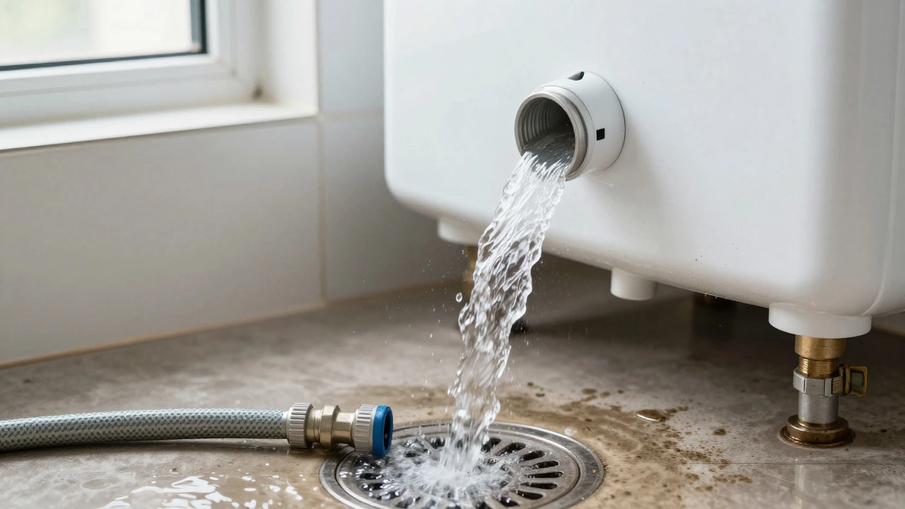 Clear water flowing from a hose into a drain during a water heater flush