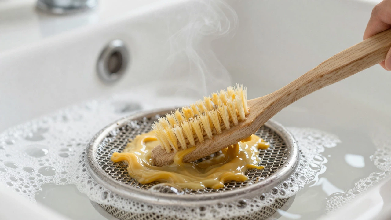 Close-up of a toothbrush scrubbing a greasy metal filter soaking in soapy water inside a kitchen sink.