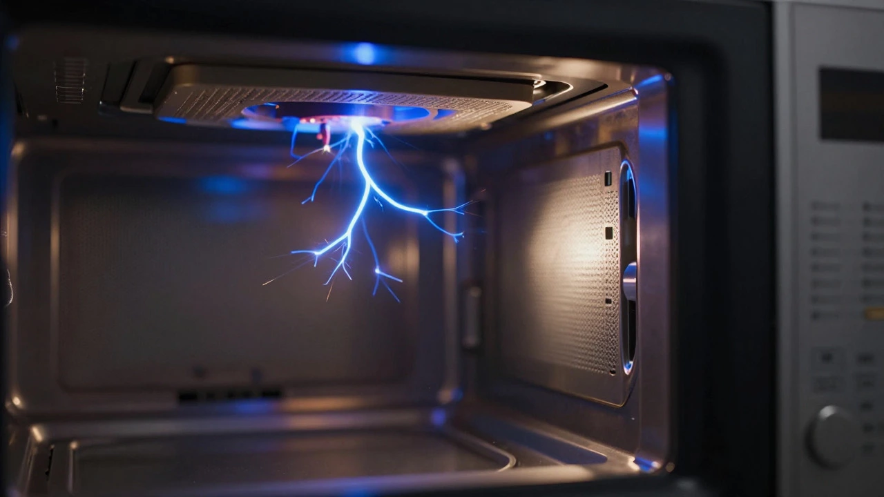 Close-up of electrical sparks arcing inside a malfunctioning microwave