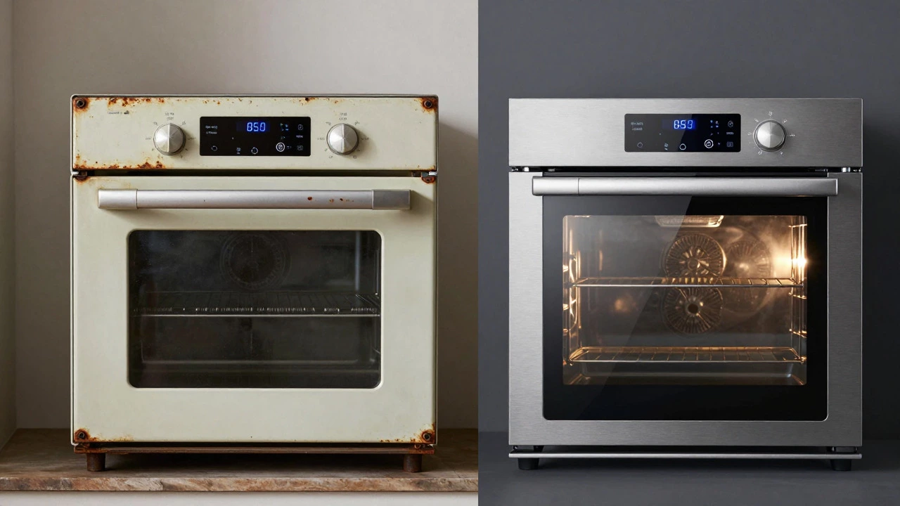 Comparison of old worn oven versus new modern smart oven