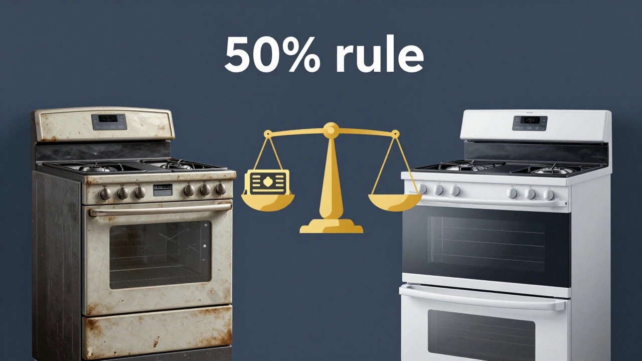 Conceptual art comparing old and new stoves with financial scales