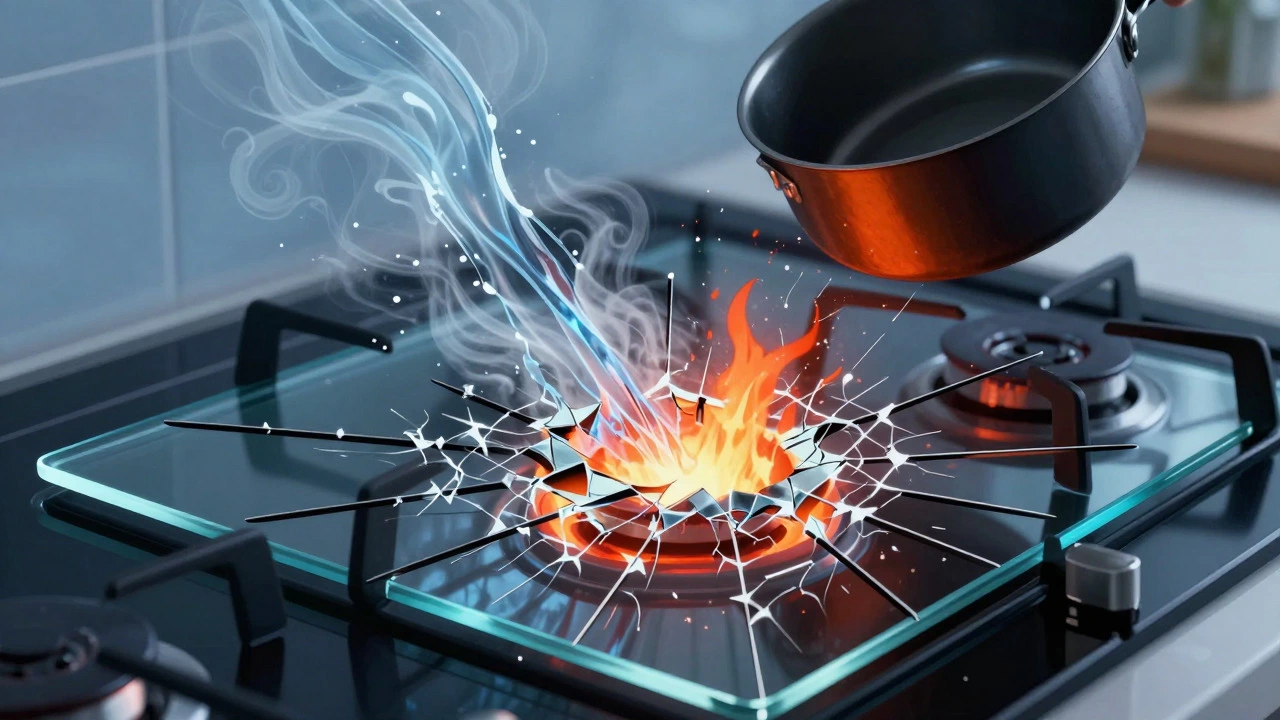 Conceptual art showing thermal shock cracks forming on a glass cooking surface