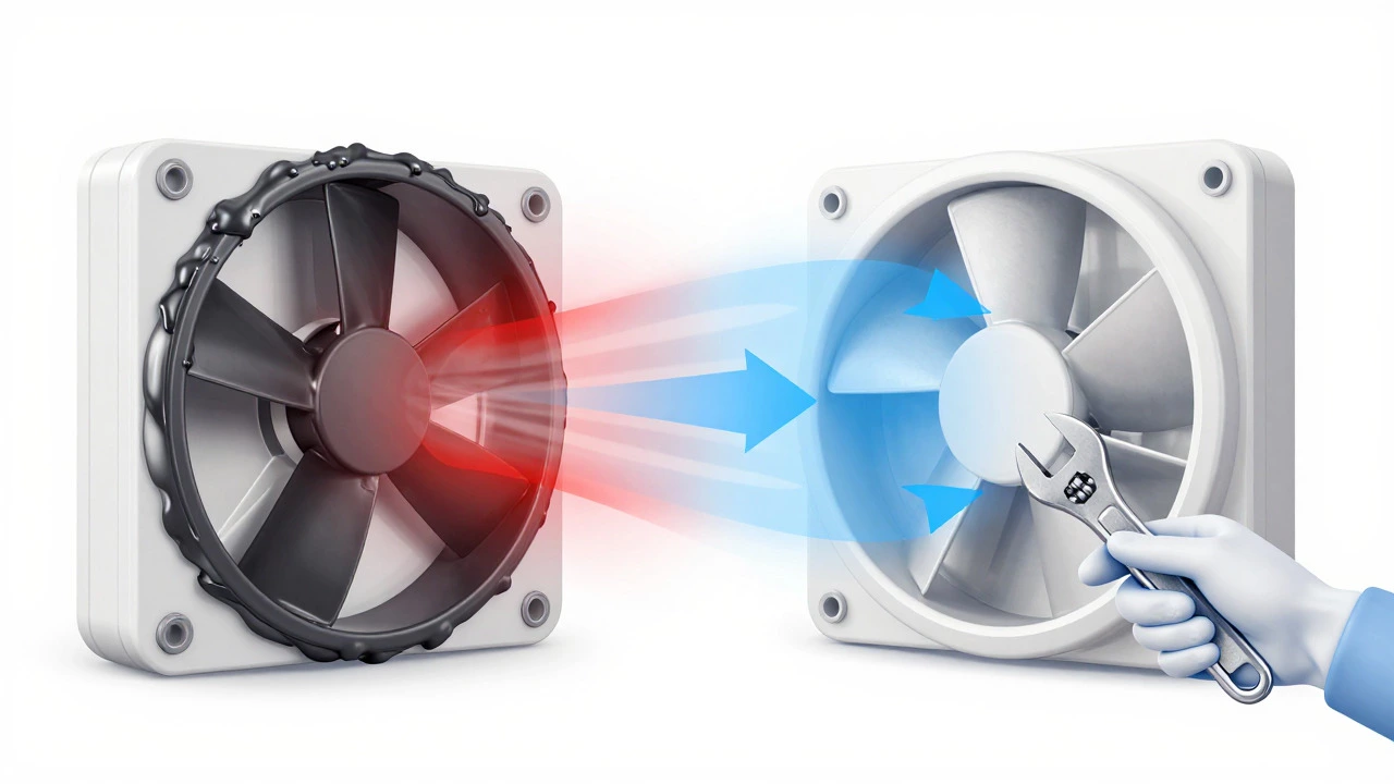 Cross-section diagram comparing a clogged, overheating extractor fan with a clean, efficiently circulating one.