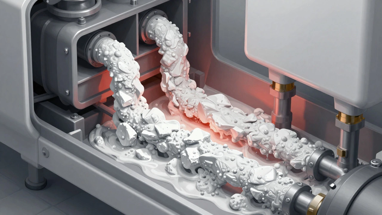 Cross-section illustration showing limescale buildup inside water pipes