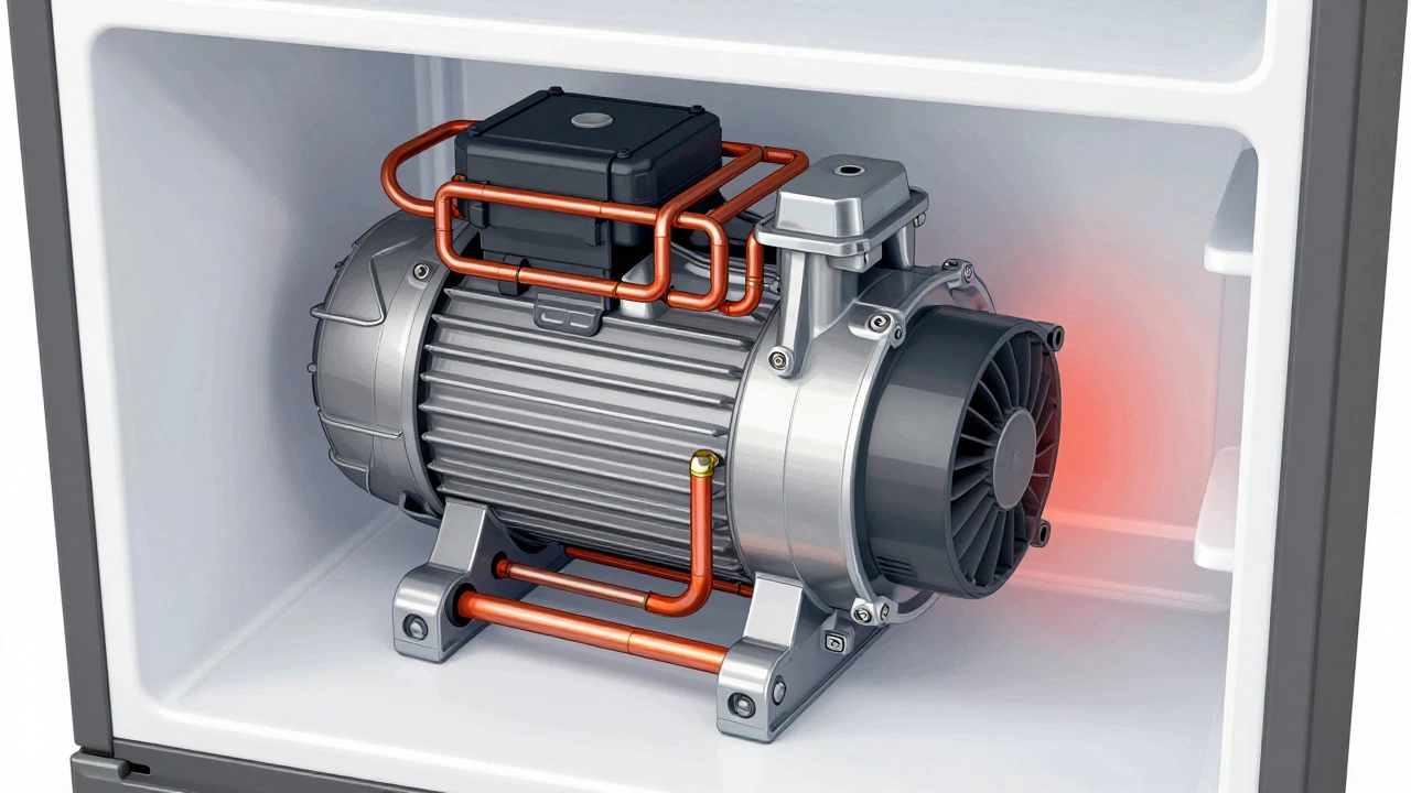 Cutaway diagram of refrigerator compressor and copper condenser coils