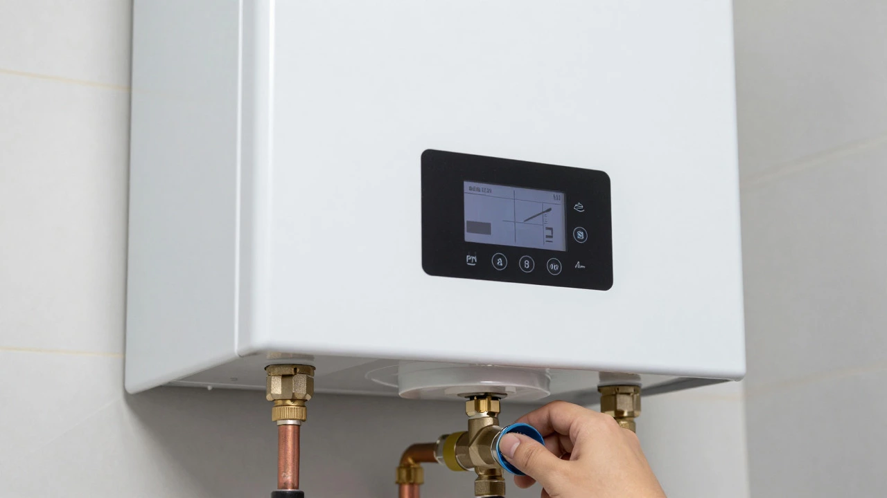 Hand adjusting pressure valve on a gas boiler in a utility room