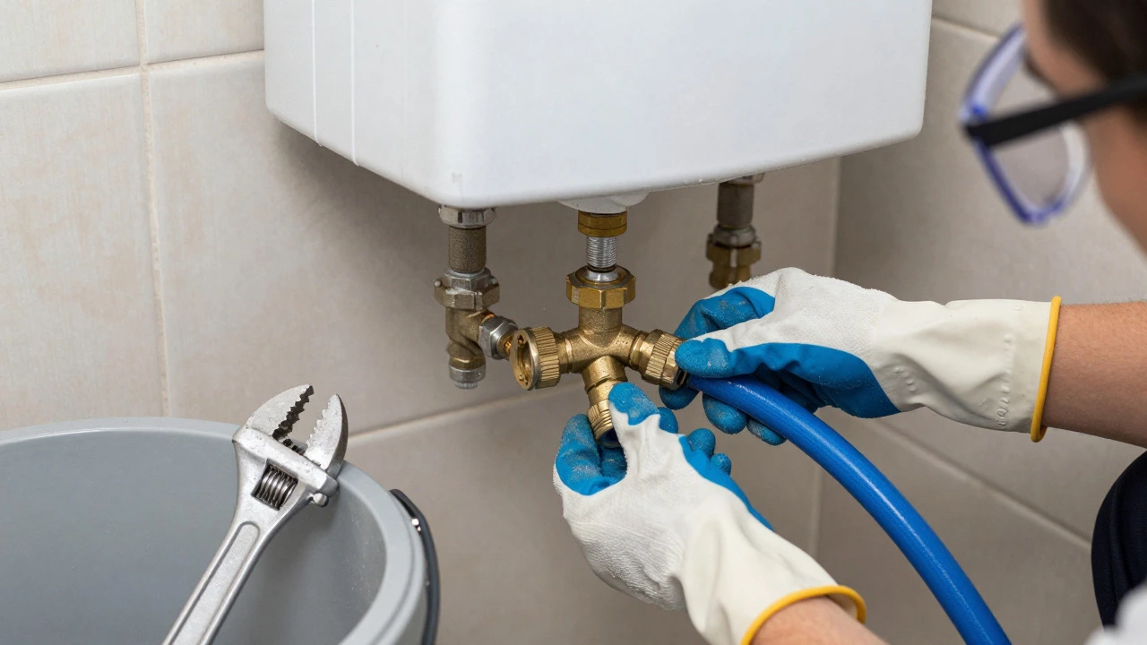 Hands in gloves connecting a hose to a water heater drain valve