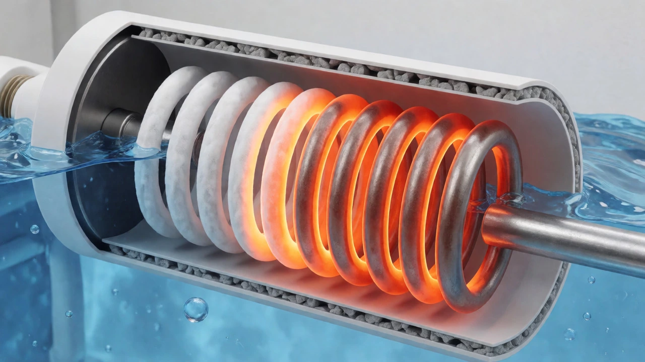 Heating element glowing red internally due to mineral scale insulation.