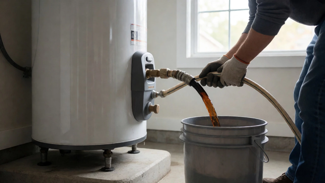 Homeowner flushing dark sediment-rich water from a water heater into a bucket