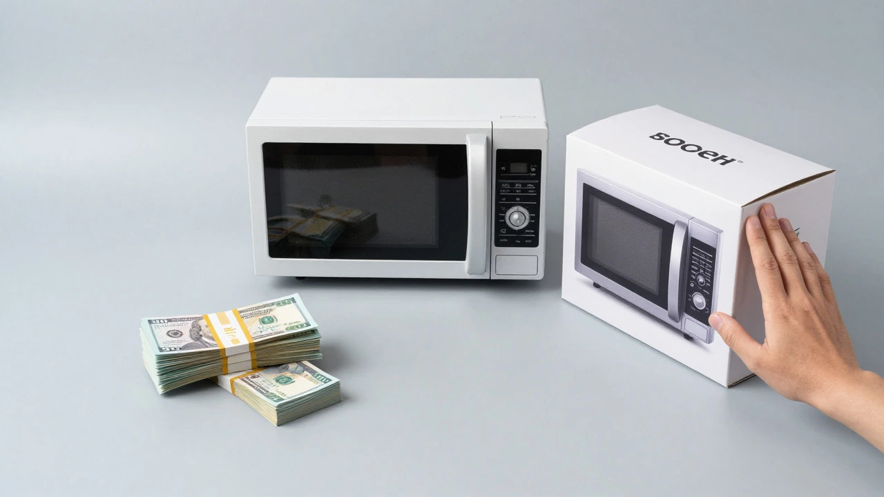 Old microwave next to cash and a new unit illustrating repair vs replace