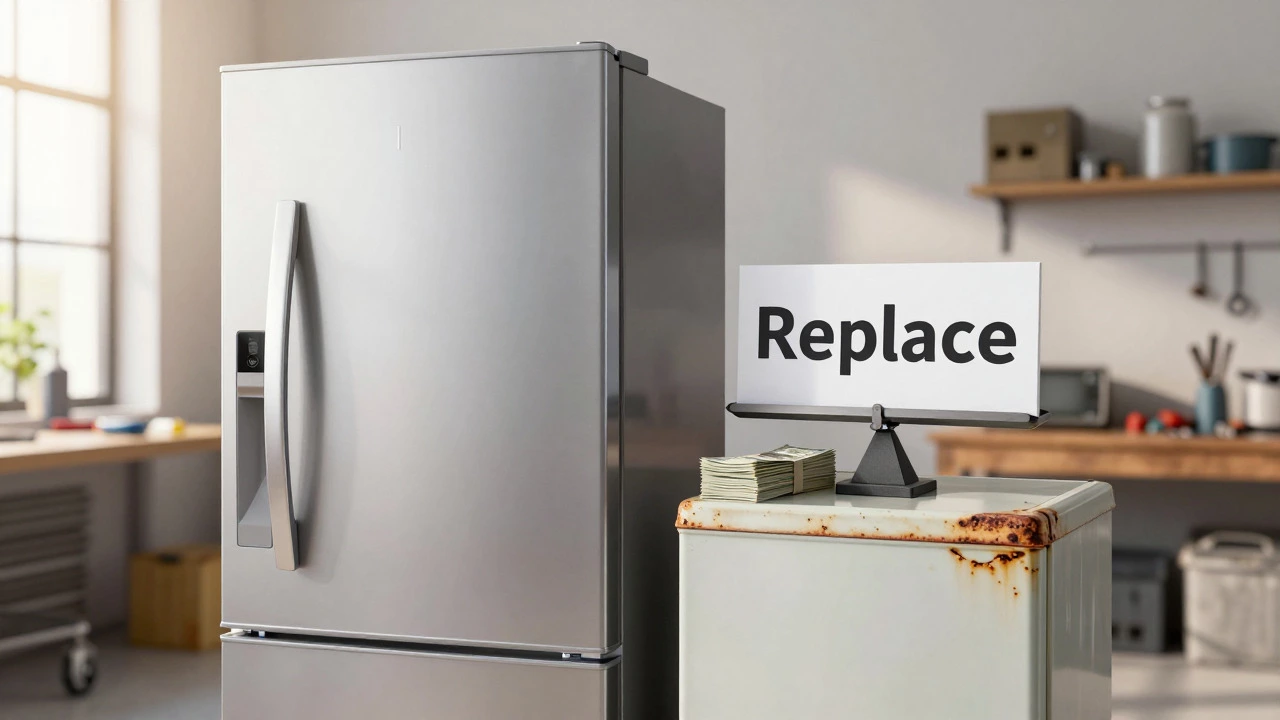 Old rusty fridge compared to new energy-efficient model