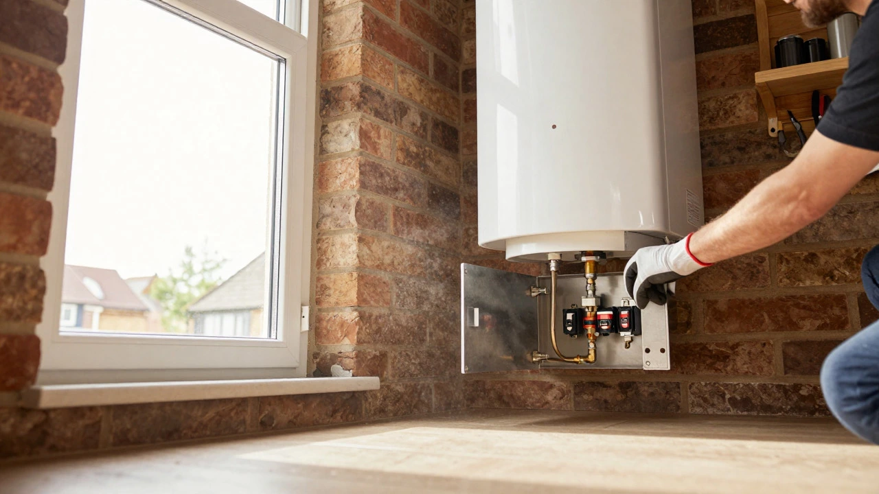 Person inspecting electric water heater access panel