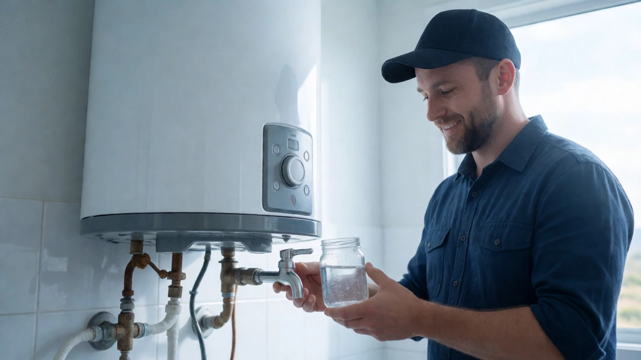 Plumber holding a jar of clear water next to a well-maintained water heater