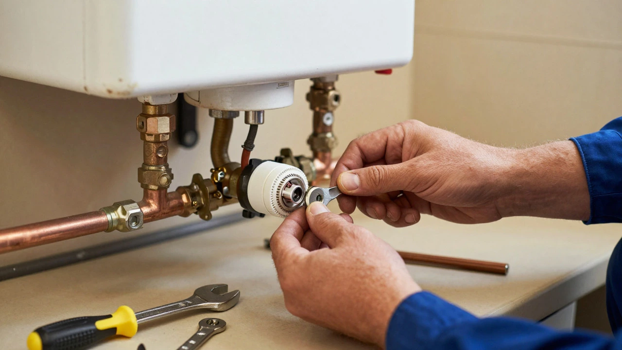 Plumber repairing a heating element inside a tank