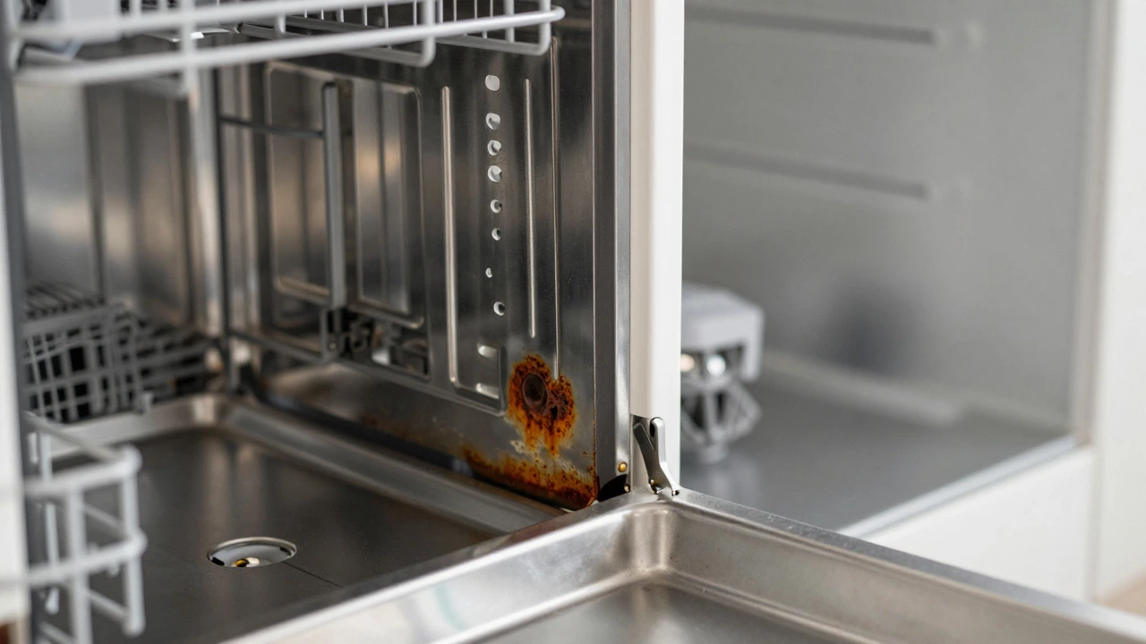Rusty old dishwasher interior compared to new clean model