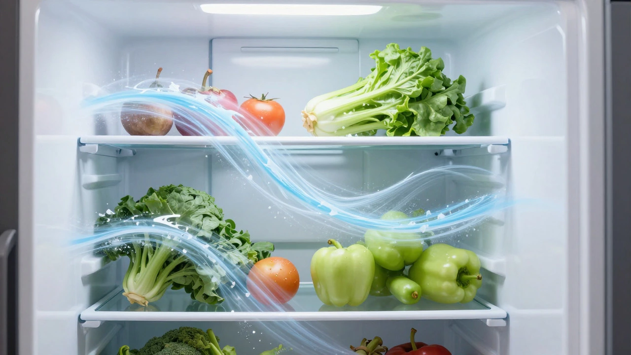 Stylized visualization of cool air circulation inside a stocked fridge