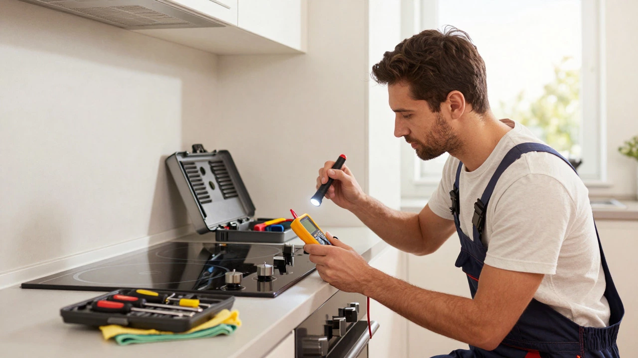 Technician inspecting the ventilation and connections of a built-in induction hob