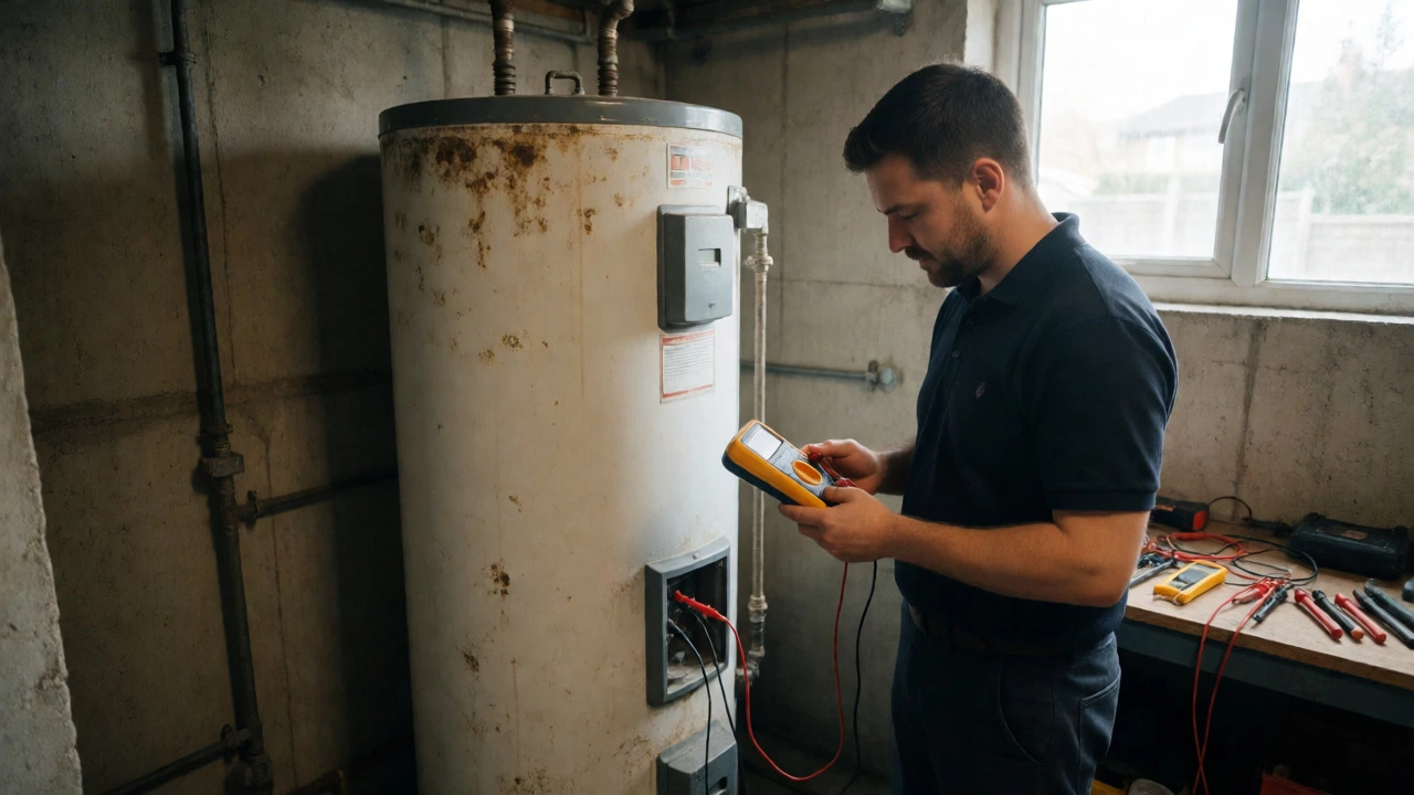 Technician testing a water heater with a multimeter in a basement.