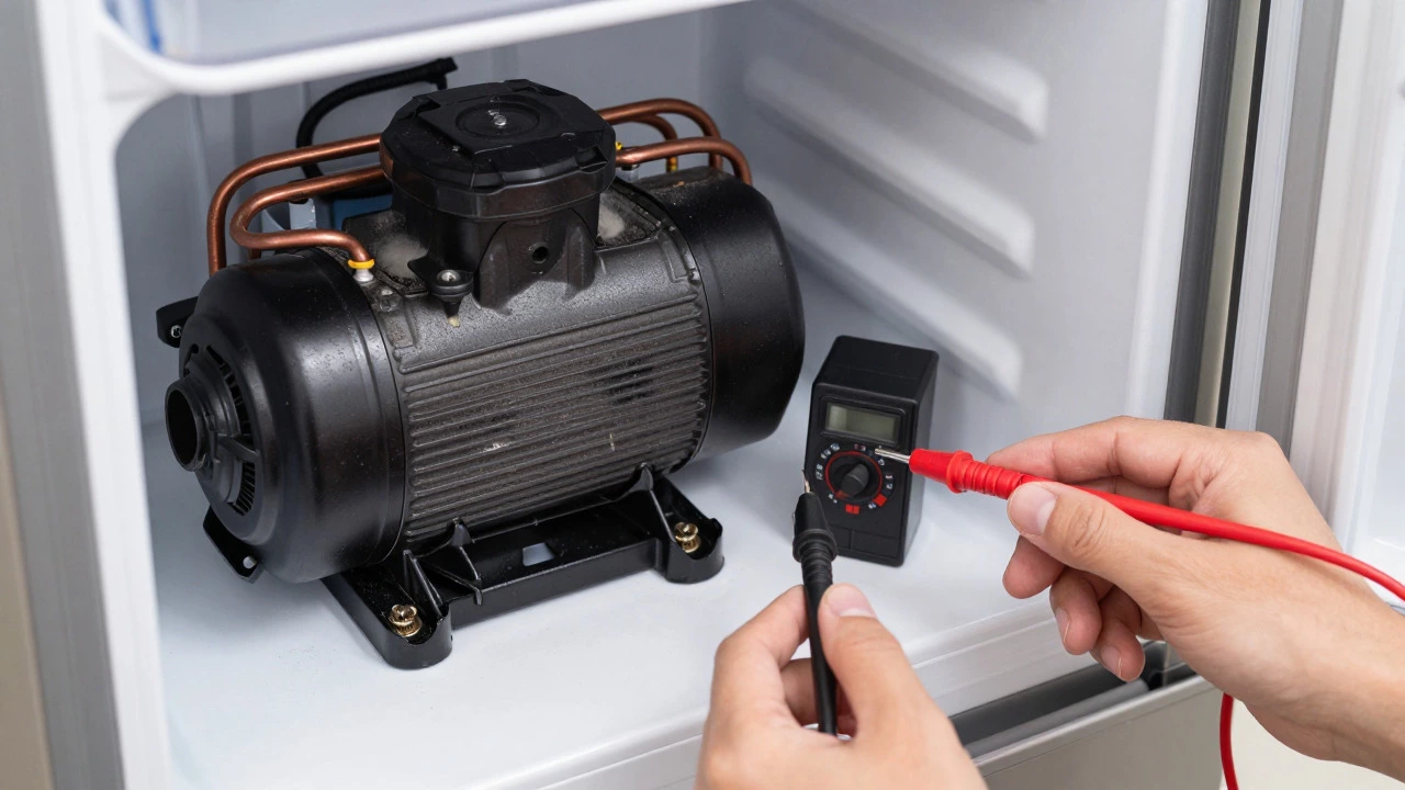 Technician testing fridge compressor relay with a multimeter